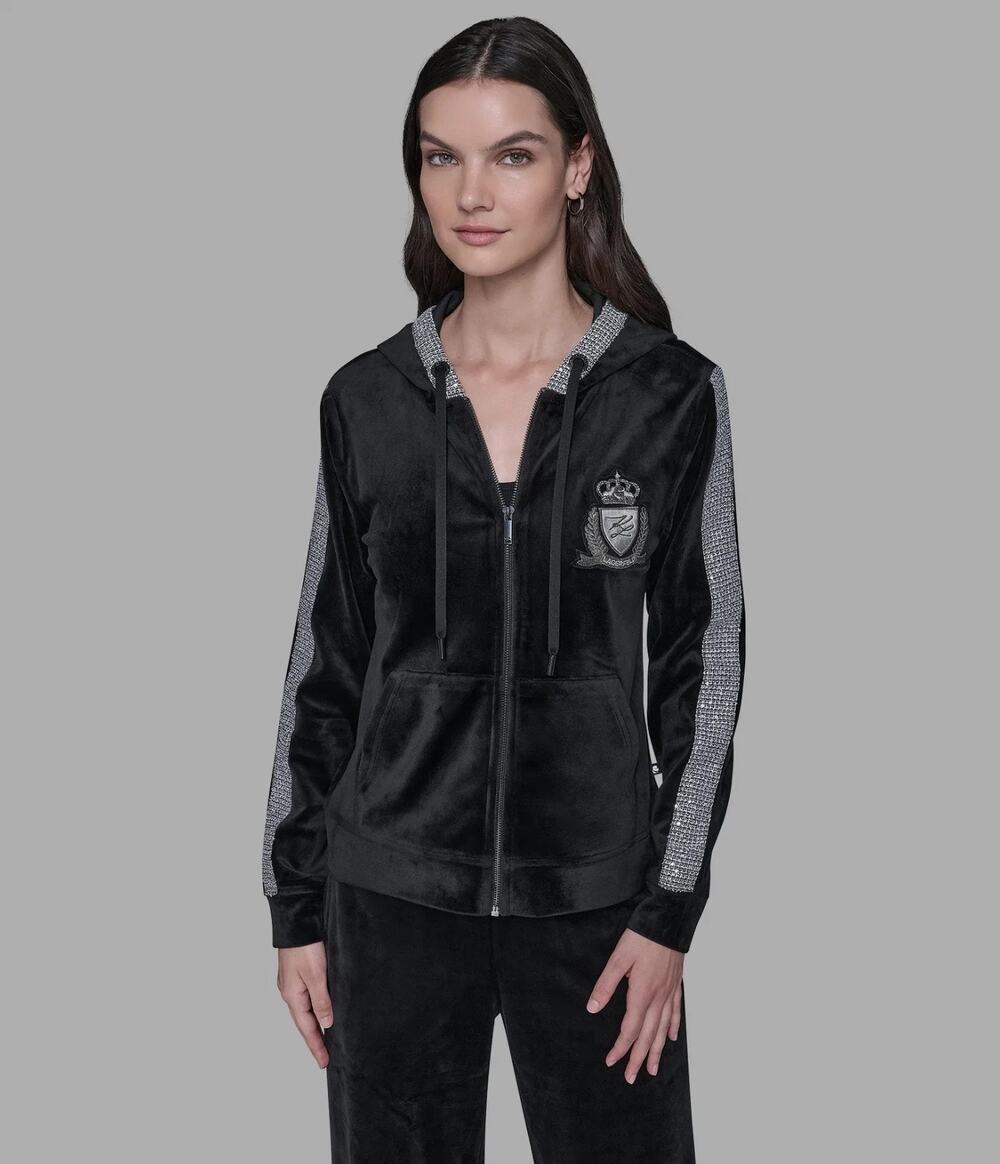 Karl Lagerfeld Paris Women's Tweed-Trim Velvet Hoodie Black Size Xs 3702